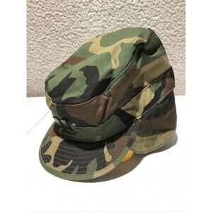 Vintage Army Military Woodland Camo Pattern Cap w/ Ear Flaps Hat Size 7 3/8
